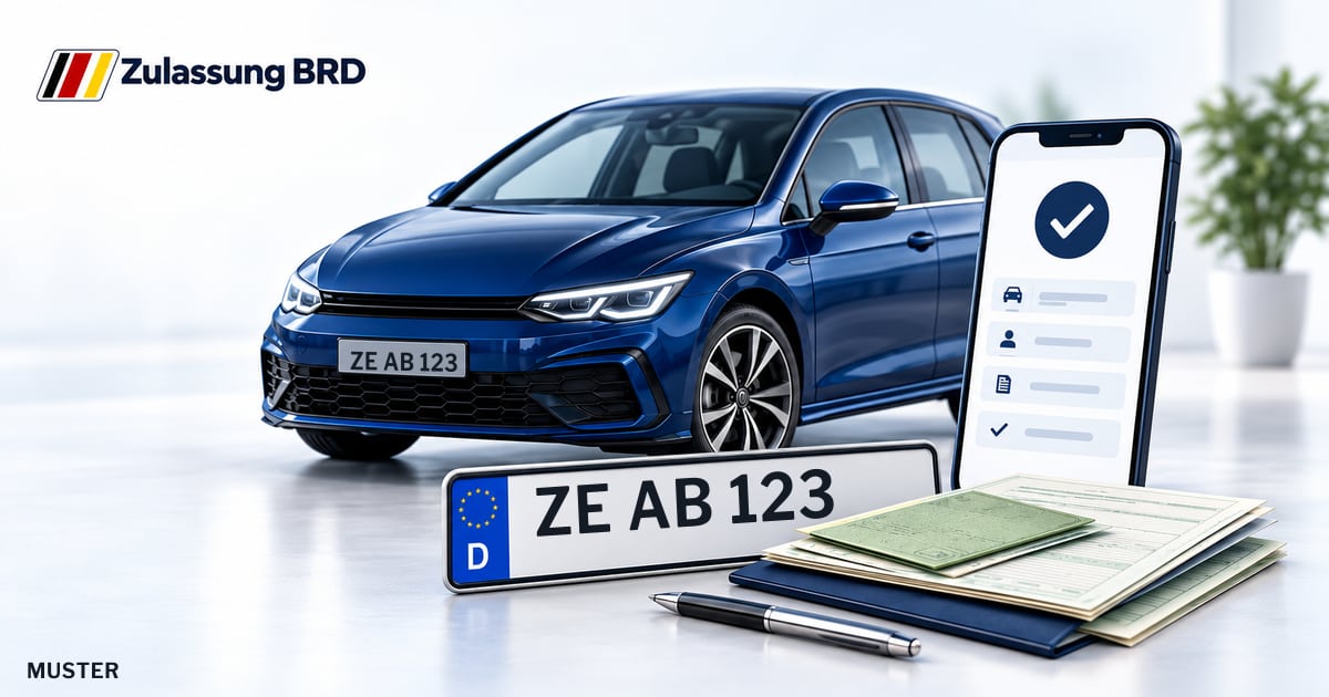 Online Fahrzeugzulassung in Muldestausee: Musterkennzeichen ZE AB 123, Auto und Fahrzeugpapiere und Smartphone. Illustration mit Logo von Zulassung BRD.
